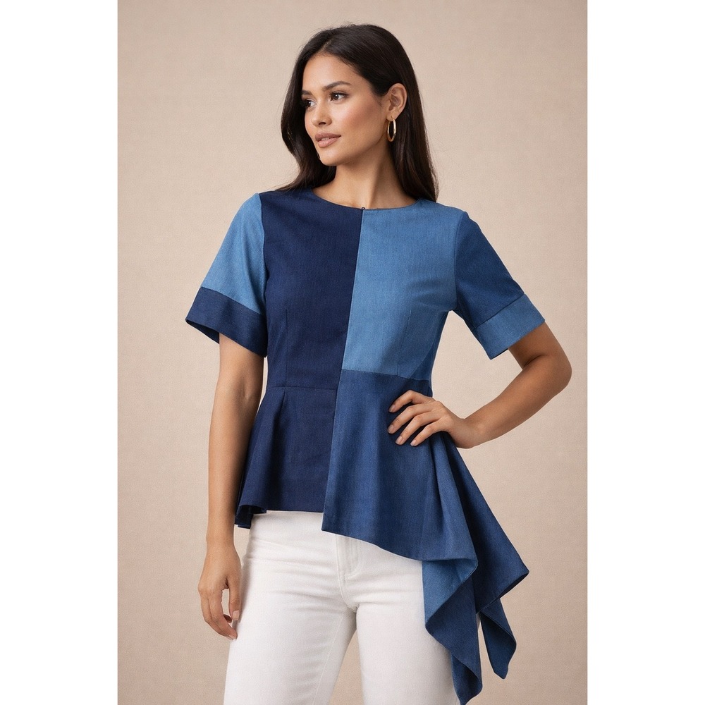 Gracia Colorblock Asymmetrical Top Blue Patchwork Peplum Blouse Small